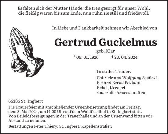 Todesanzeige von Gertrud Guckelmus von saarbruecker_zeitung
