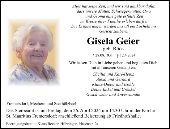 Todesanzeige von Gisela Geier von saarbruecker_zeitung