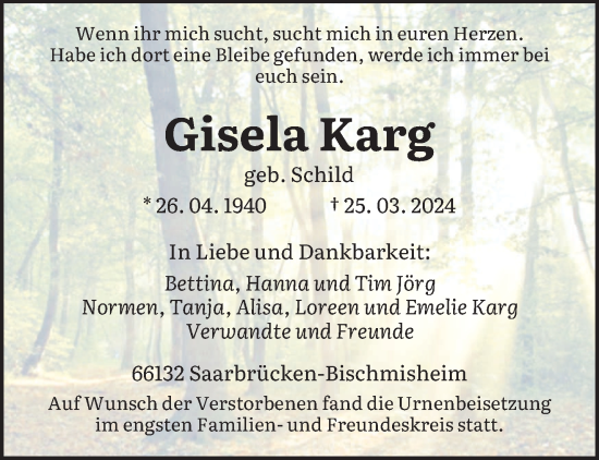 Todesanzeige von Gisela Karg von saarbruecker_zeitung