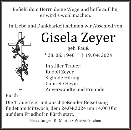Todesanzeige von Gisela Zeyer von saarbruecker_zeitung