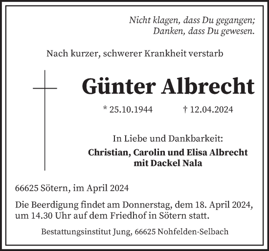 Todesanzeige von Günter Albrecht von saarbruecker_zeitung