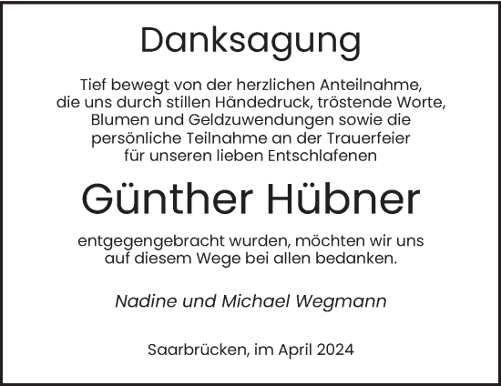 Todesanzeige von Günther Hübner von saarbruecker_zeitung