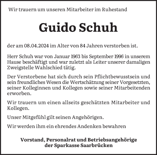 Todesanzeige von Guido Schuh von saarbruecker_zeitung