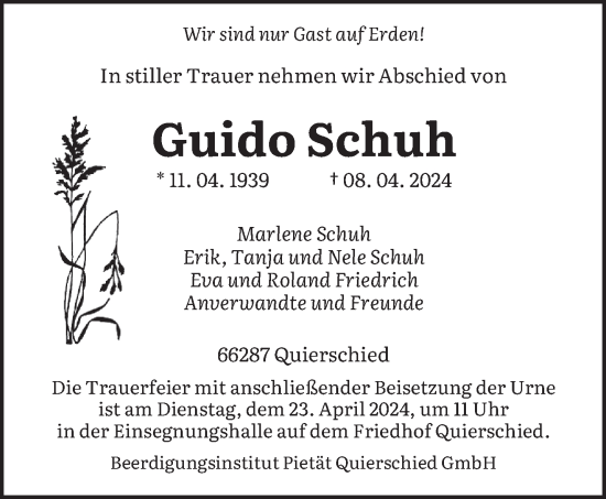 Todesanzeige von Guido Schuh von saarbruecker_zeitung