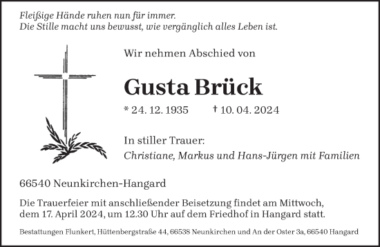 Todesanzeige von Gusta Brück von saarbruecker_zeitung