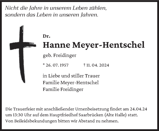 Todesanzeige von Hanne Meyer-Hentschel von saarbruecker_zeitung
