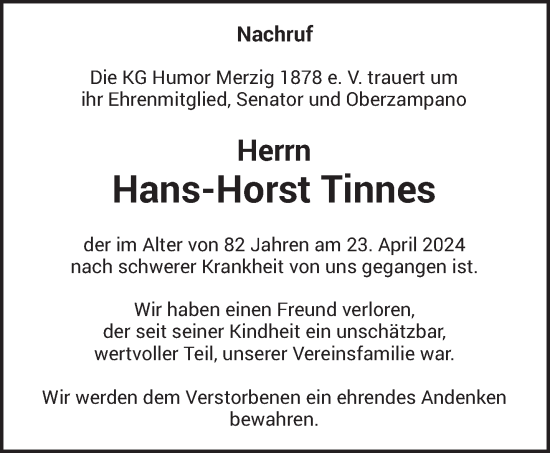 Todesanzeige von Hans-Horst Tinnes von saarbruecker_zeitung