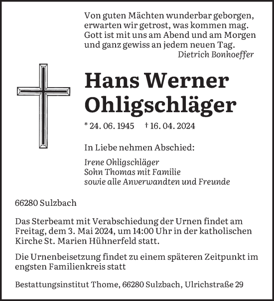 Todesanzeige von Hans Ohligschläger von saarbruecker_zeitung