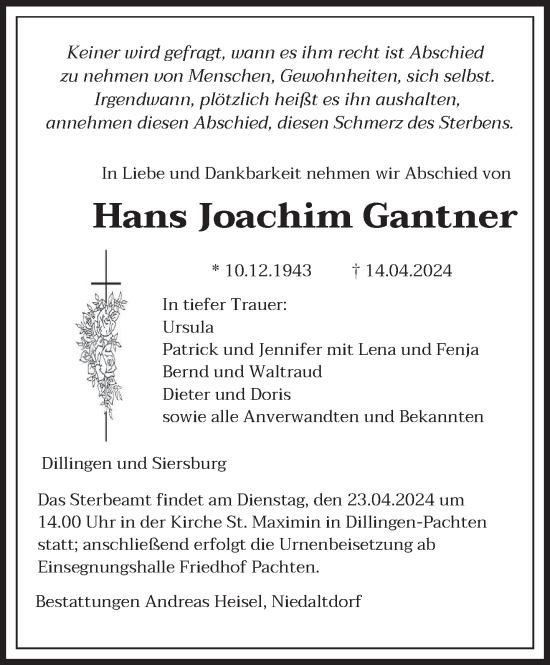 Todesanzeige von Hans Joachim Gantner von saarbruecker_zeitung