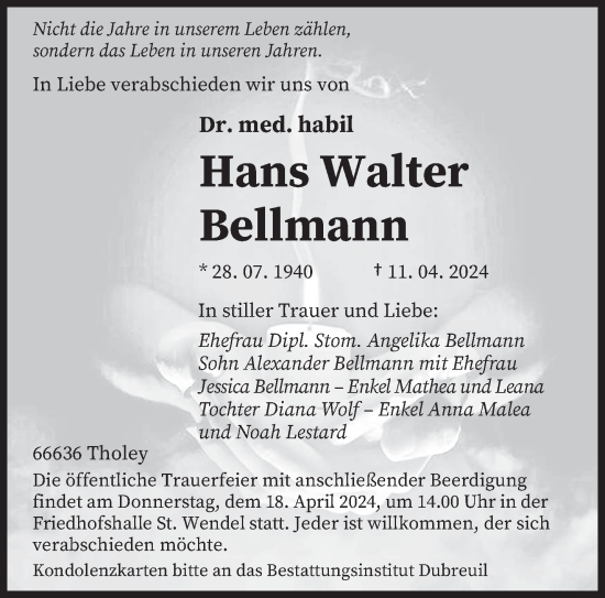 Todesanzeige von Hans Walter Bellmann von saarbruecker_zeitung