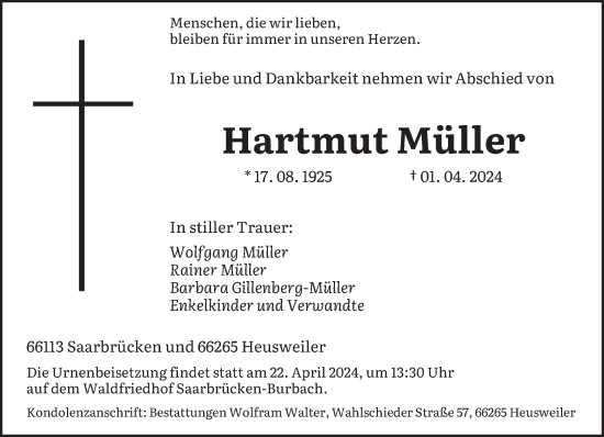 Todesanzeige von Hartmut Müller von saarbruecker_zeitung