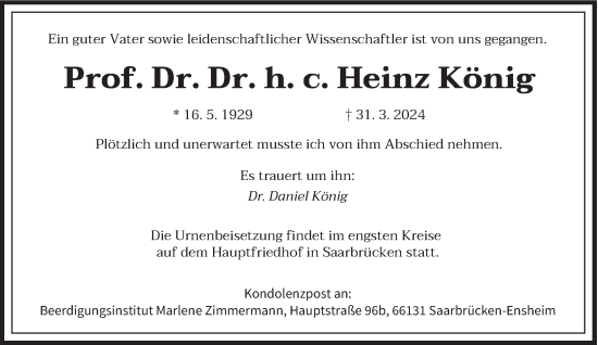 Todesanzeige von Heinz König von saarbruecker_zeitung