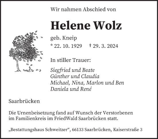 Todesanzeige von Helene Wolz von saarbruecker_zeitung