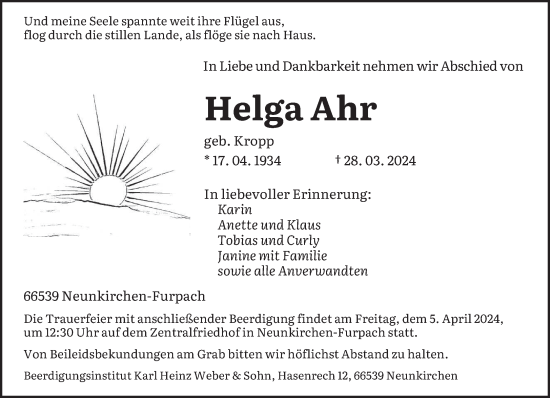 Todesanzeige von Helga Ahr von saarbruecker_zeitung