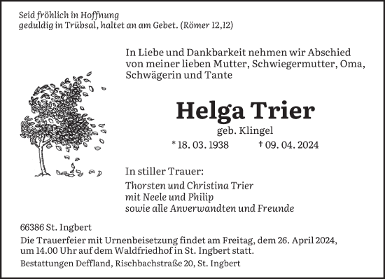 Todesanzeige von Helga Trier von saarbruecker_zeitung