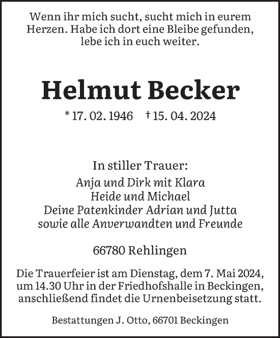 Todesanzeige von Helmut Becker von saarbruecker_zeitung