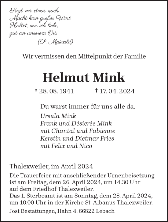Todesanzeige von Helmut Mink von saarbruecker_zeitung