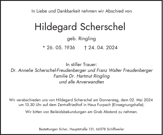 Todesanzeige von Hildegard Scherschel von saarbruecker_zeitung