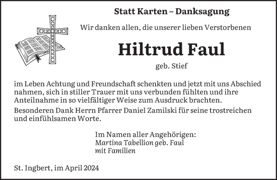 Todesanzeige von Hiltrud Faul von saarbruecker_zeitung