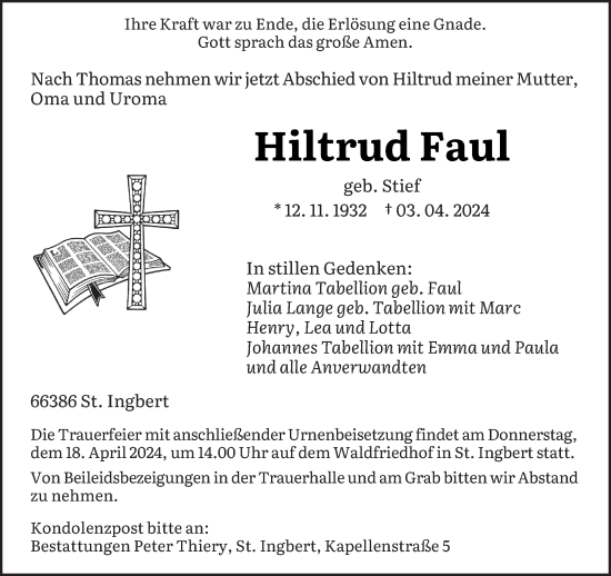 Todesanzeige von Hiltrud Faul von saarbruecker_zeitung