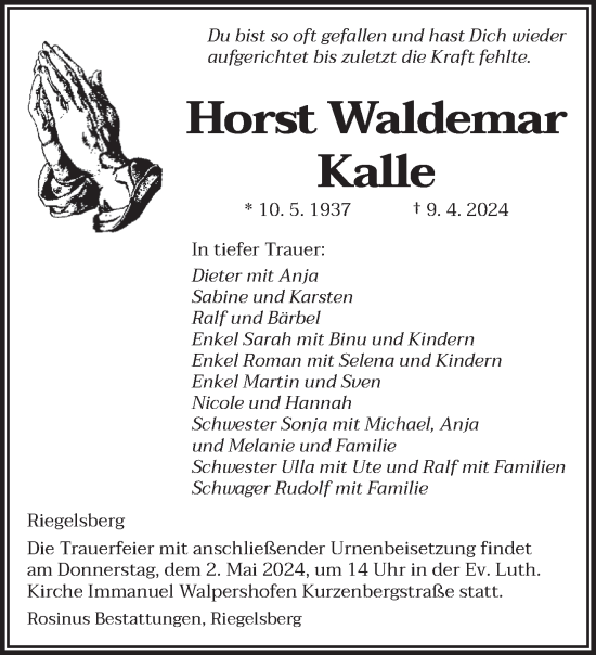 Todesanzeige von Horst Kalle von saarbruecker_zeitung