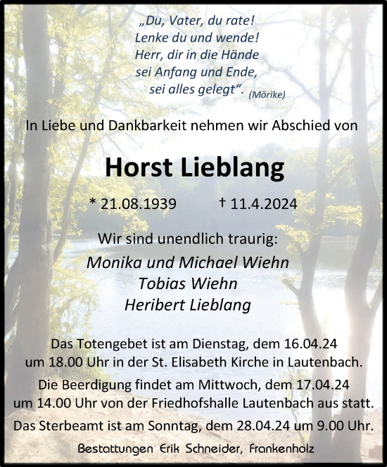 Todesanzeige von Horst Lieblang von saarbruecker_zeitung