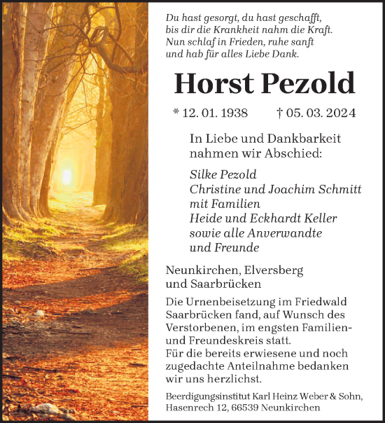 Todesanzeige von Horst Pezold von saarbruecker_zeitung