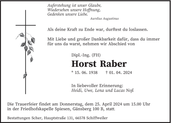 Todesanzeige von Horst Raber von saarbruecker_zeitung