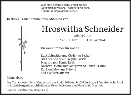 Todesanzeige von Hroswitha Schneider von saarbruecker_zeitung