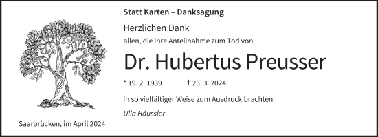Todesanzeige von Hubertus Preusser von saarbruecker_zeitung