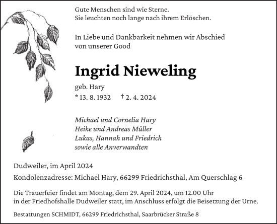 Todesanzeige von Ingrid Nieweling von saarbruecker_zeitung