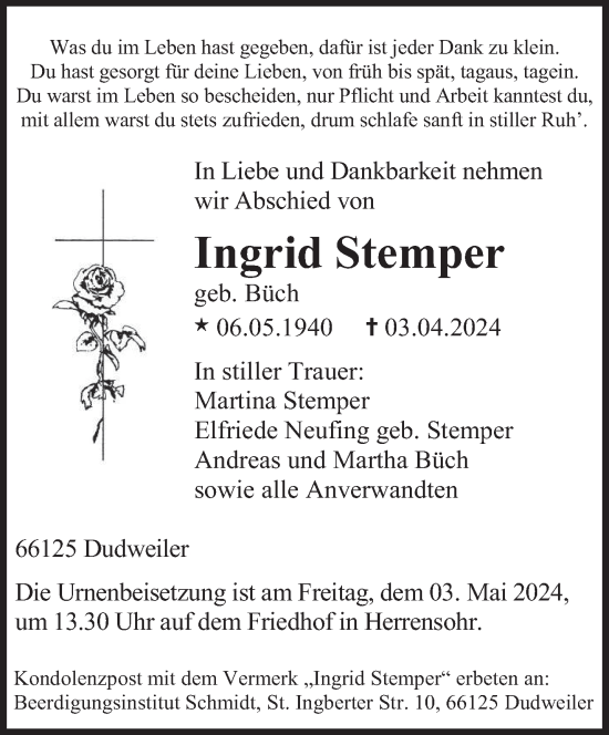 Todesanzeige von Ingrid Stemper von saarbruecker_zeitung