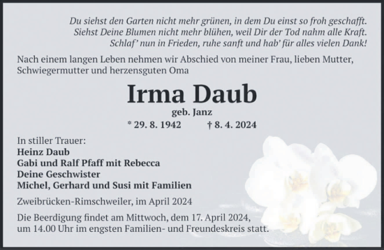 Todesanzeige von Irma Daub von saarbruecker_zeitung