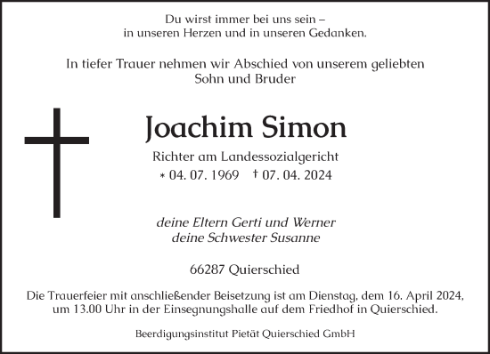 Todesanzeige von Joachim Simon von saarbruecker_zeitung