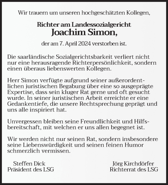 Todesanzeige von Joachim Simon von saarbruecker_zeitung