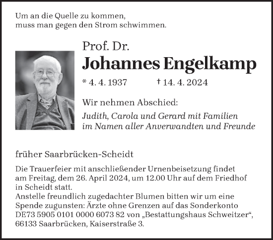 Todesanzeige von Johannes Engelkamp von saarbruecker_zeitung