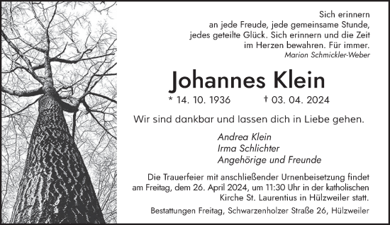 Todesanzeige von Johannes Klein von saarbruecker_zeitung