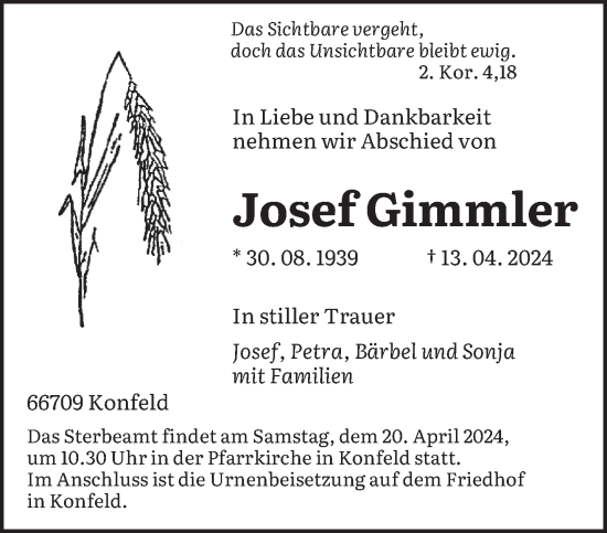 Todesanzeige von Josef Gimmler von saarbruecker_zeitung