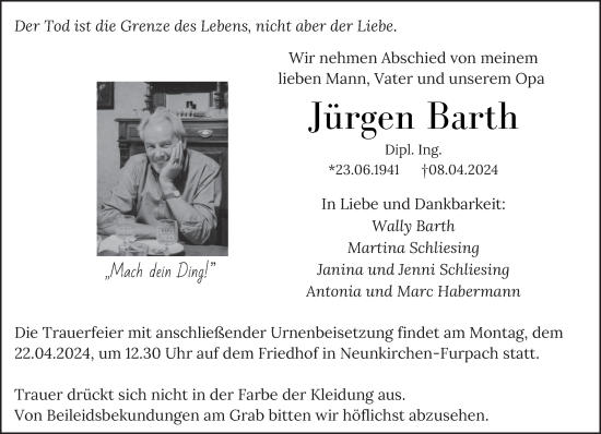 Todesanzeige von Jürgen Barth von saarbruecker_zeitung