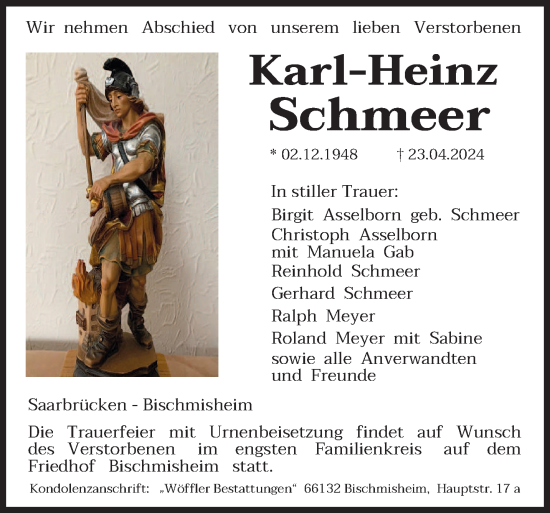 Todesanzeige von Karl-Heinz Schmeer von saarbruecker_zeitung