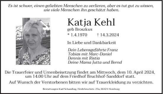 Todesanzeige von Katja Kehl von saarbruecker_zeitung