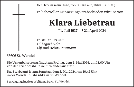 Todesanzeige von Klara Liebetrau von saarbruecker_zeitung
