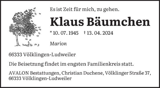 Todesanzeige von Klaus Bäumchen von saarbruecker_zeitung