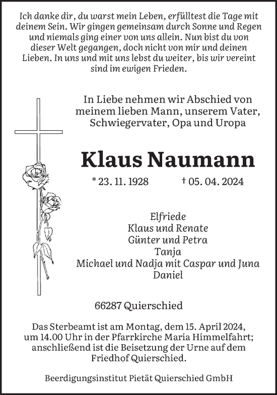 Todesanzeige von Klaus Naumann von saarbruecker_zeitung