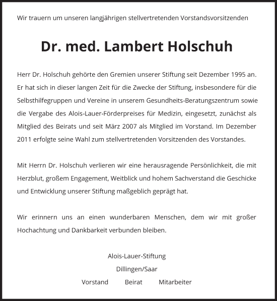 Todesanzeige von Lambert Holschuh von saarbruecker_zeitung