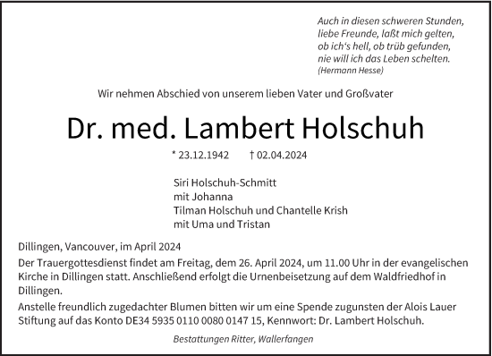 Todesanzeige von Lambert Holschuh von saarbruecker_zeitung