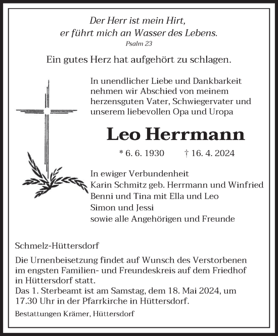 Todesanzeige von Leo Herrmann von saarbruecker_zeitung