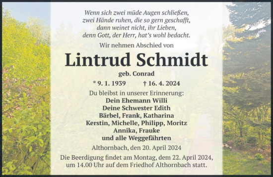 Todesanzeige von Lintrud Schmidt von saarbruecker_zeitung
