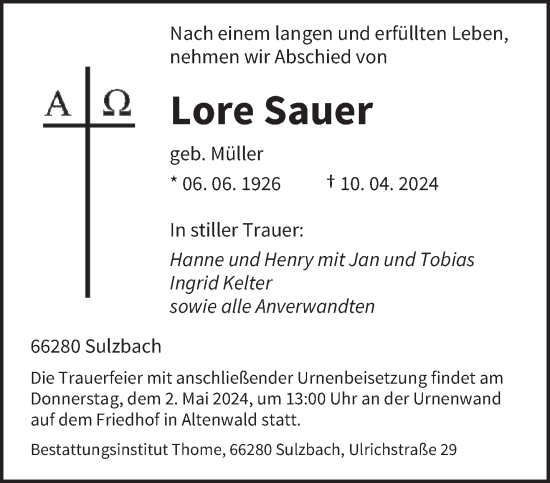 Todesanzeige von Lore Sauer von saarbruecker_zeitung