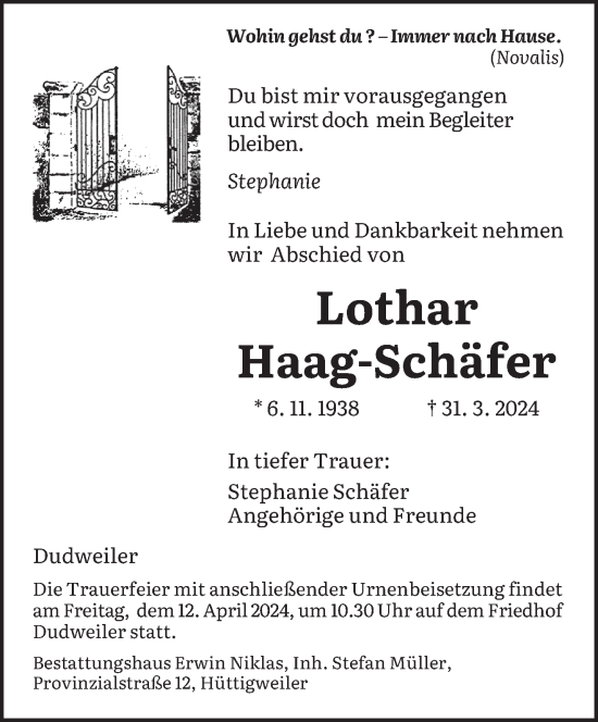 Todesanzeige von Lothar Haag-Schäfer von saarbruecker_zeitung